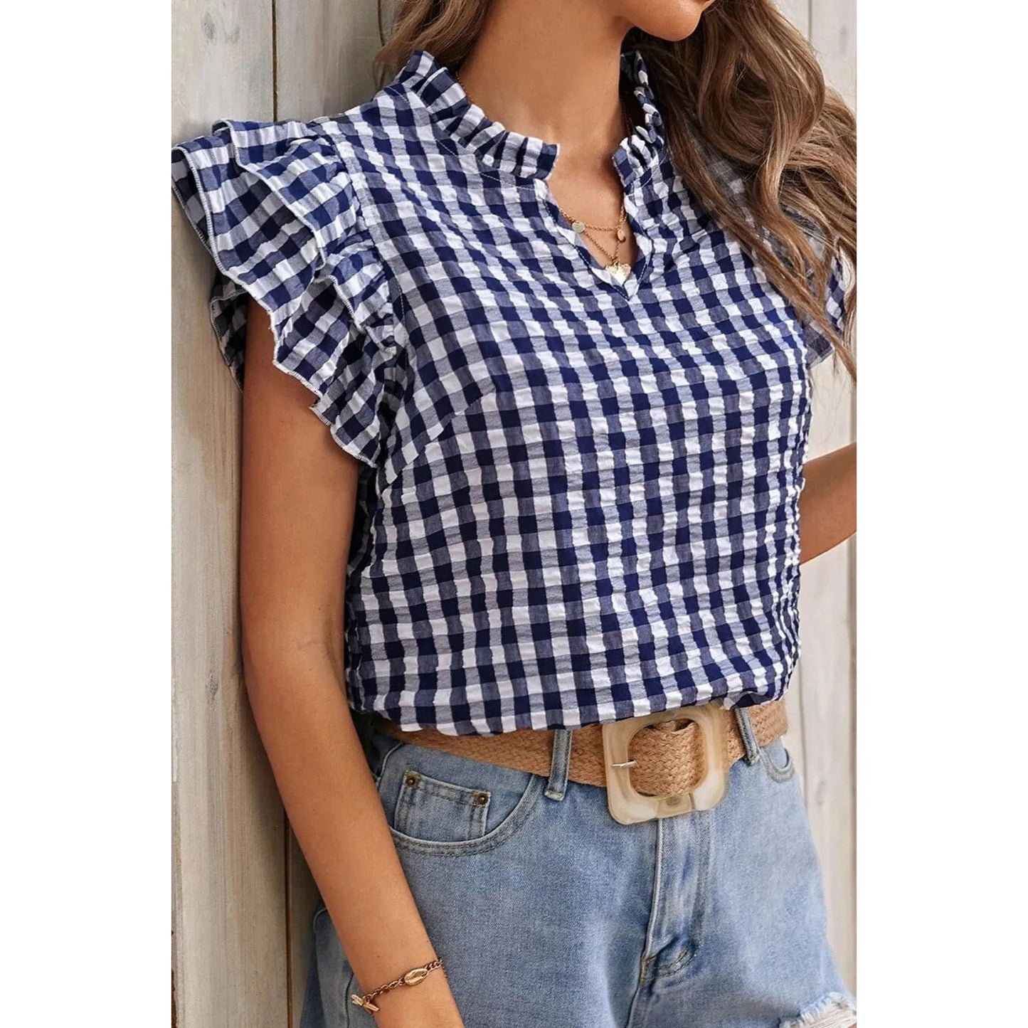 Phila Navy Ruffle‑Trim Checkered Popover Top