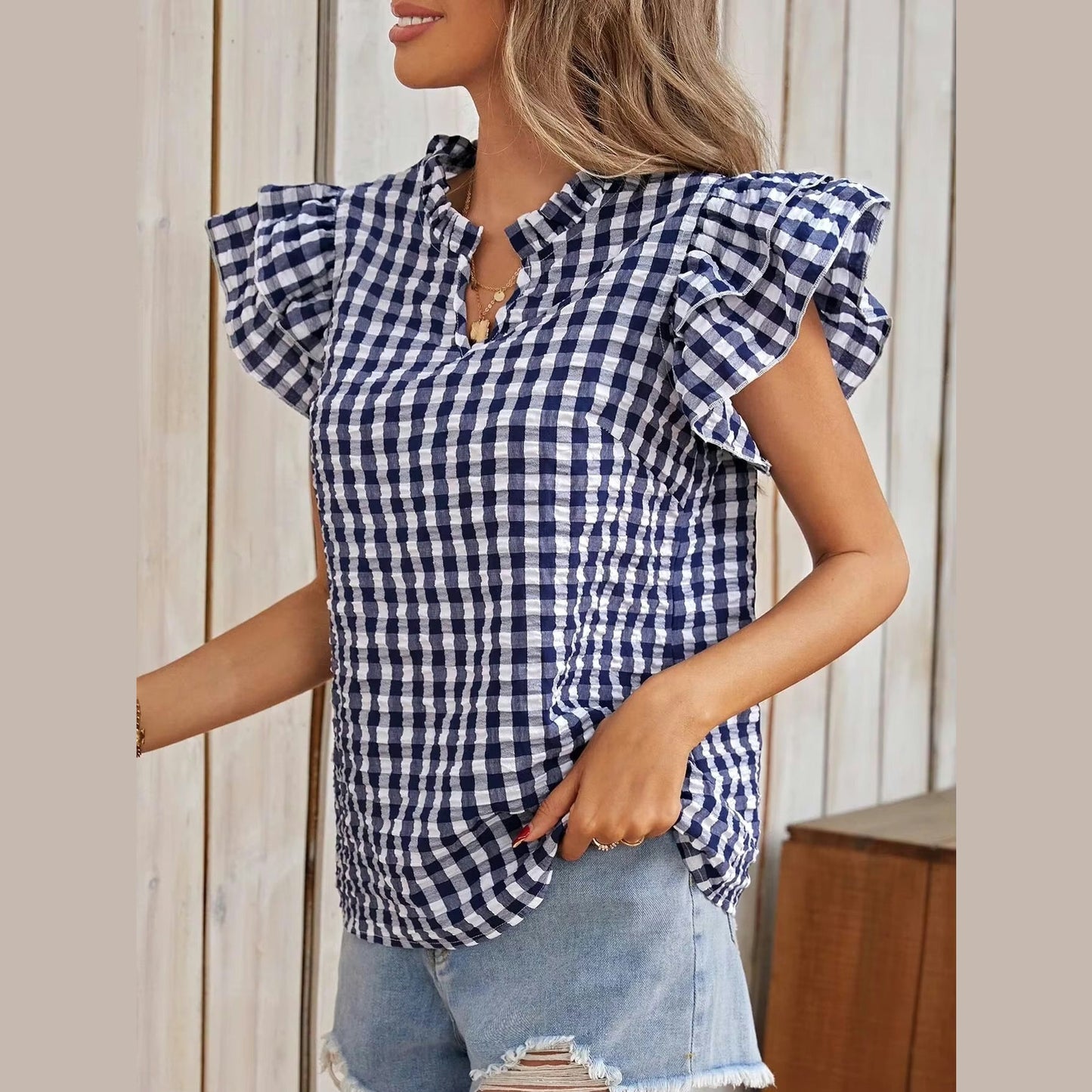 Phila Navy Ruffle‑Trim Checkered Popover Top
