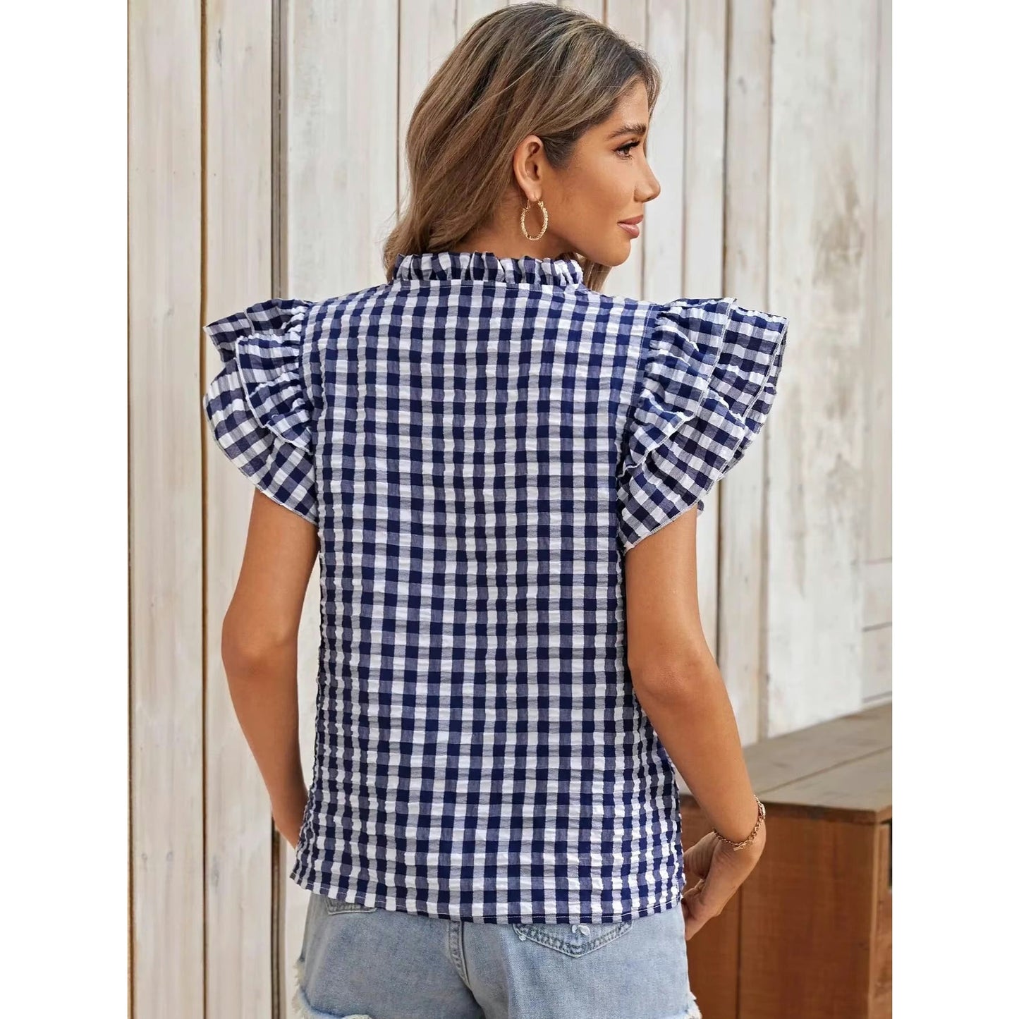 Phila Navy Ruffle‑Trim Checkered Popover Top