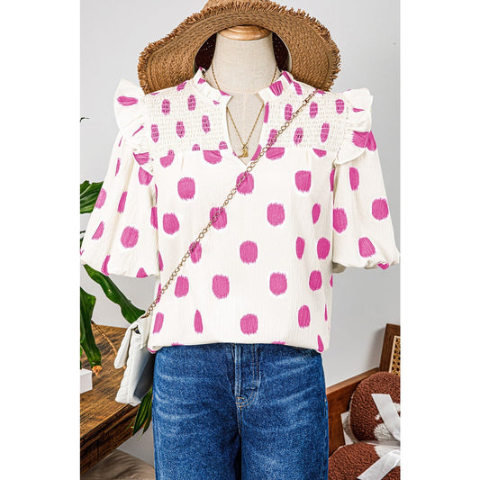 Phoebe Pink Polka Dot Print Shirred Yoke Notched Neck Balloon Sleeve Blouse