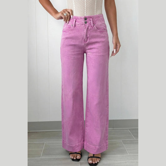 Catlee Pink 2-Button High Waist Flared Bottom Jeans