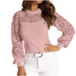 June Pink Ribbed Hollow Out Lace Sleeve Top