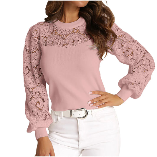 June Pink Ribbed Hollow Out Lace Sleeve Top