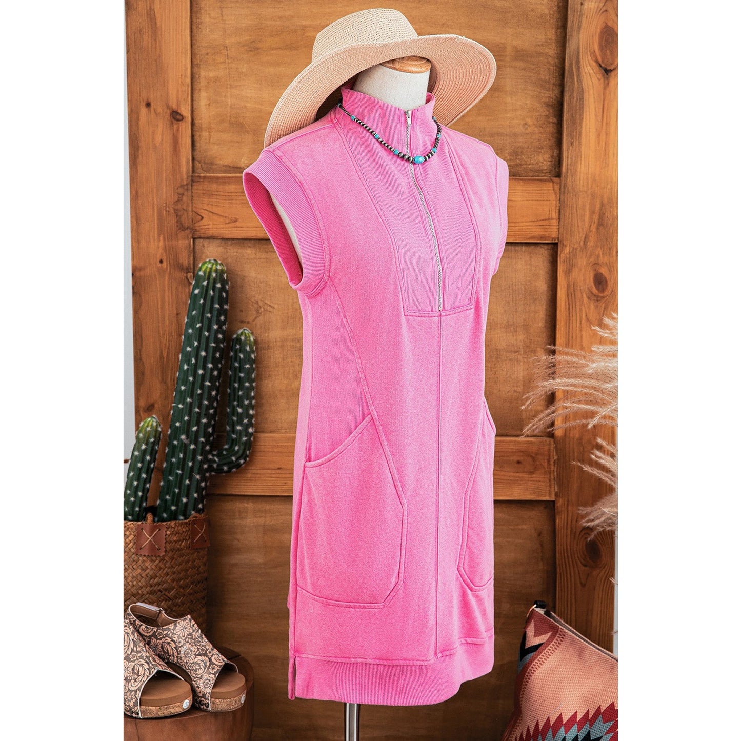 Jenica Bonbon Pink Quarter Zip Pocketed Cap Sleeve Sweatshirt Dress