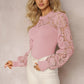June Pink Ribbed Hollow Out Lace Sleeve Top