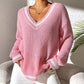 Jean-Mari Pink V Neck Contrast Trim Loose Knit Sweater