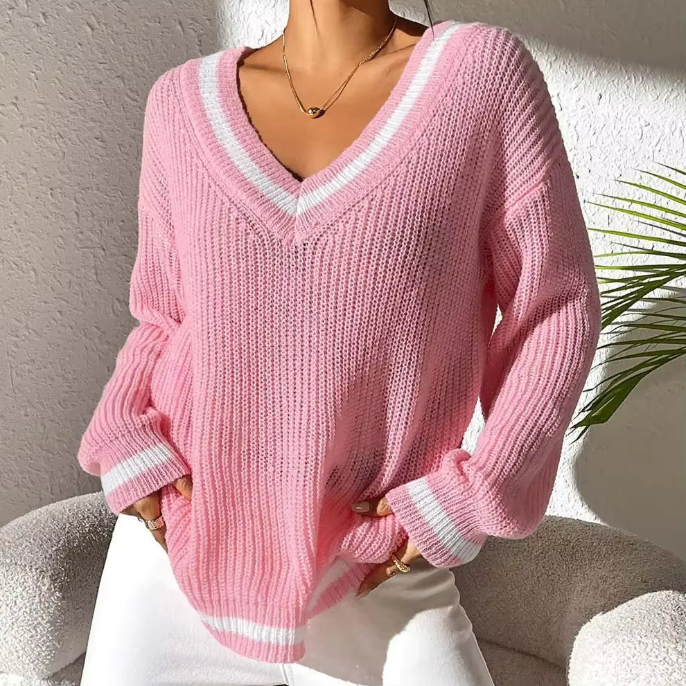 Jean-Mari Pink V Neck Contrast Trim Loose Knit Sweater