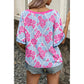 Kella Pink Floral Print Ruffled Color Block Trim Half Sleeve Blouse