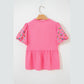 Apryl Sachet Pink Frilled V Neck Flower Embroidered Puff Sleeve Textured Blouse