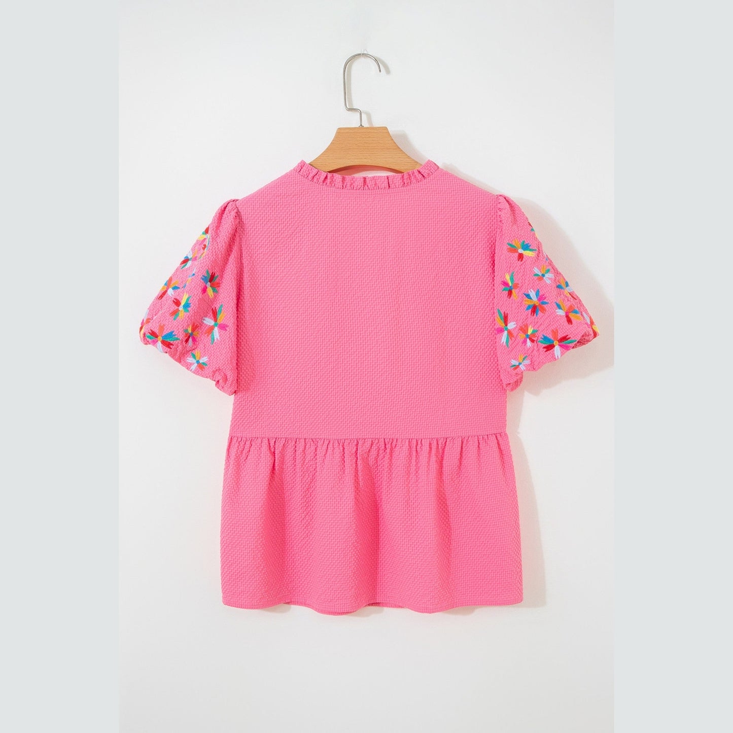 Apryl Sachet Pink Frilled V Neck Flower Embroidered Puff Sleeve Textured Blouse