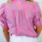 RTS Pink Stripe Ruffle Trim Half Button Short Puff Sleeve Blouse