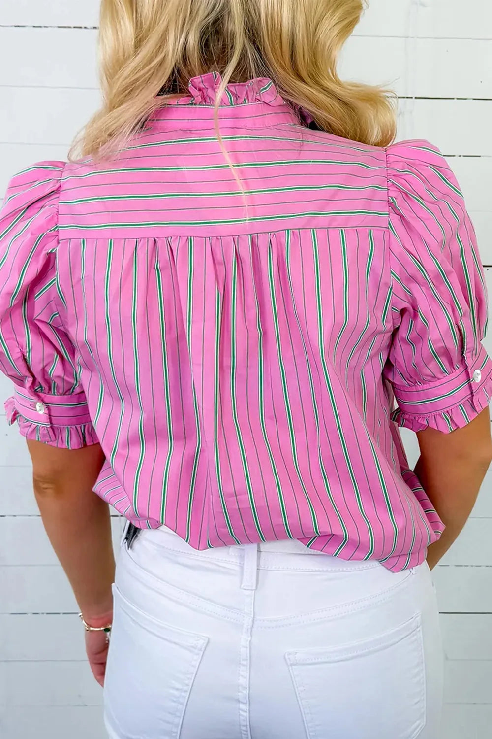 RTS Pink Stripe Ruffle Trim Half Button Short Puff Sleeve Blouse