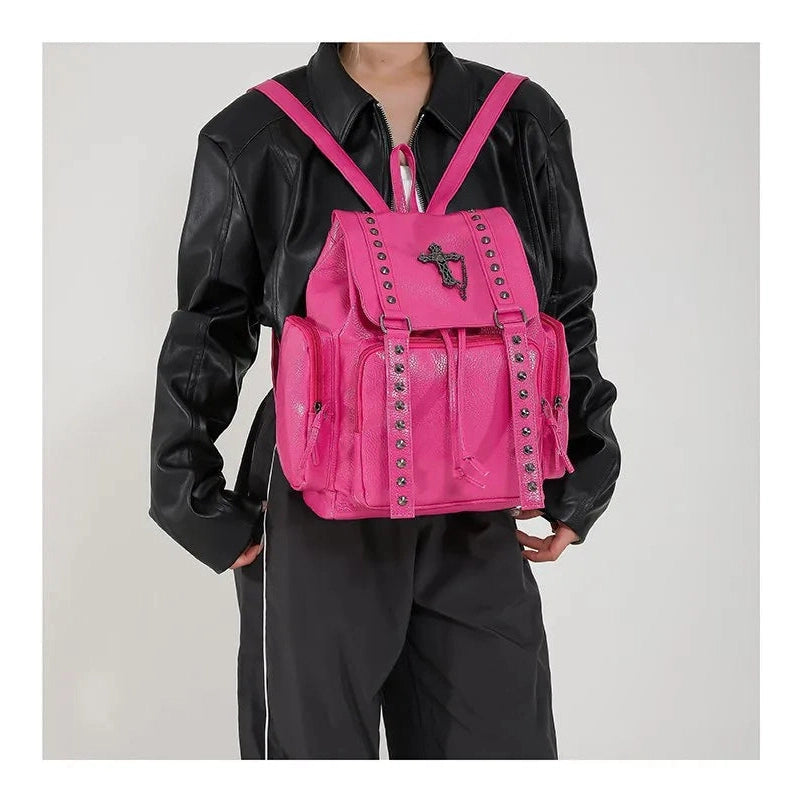 PU Leather Rivet Cross Backpack - 4 Colors