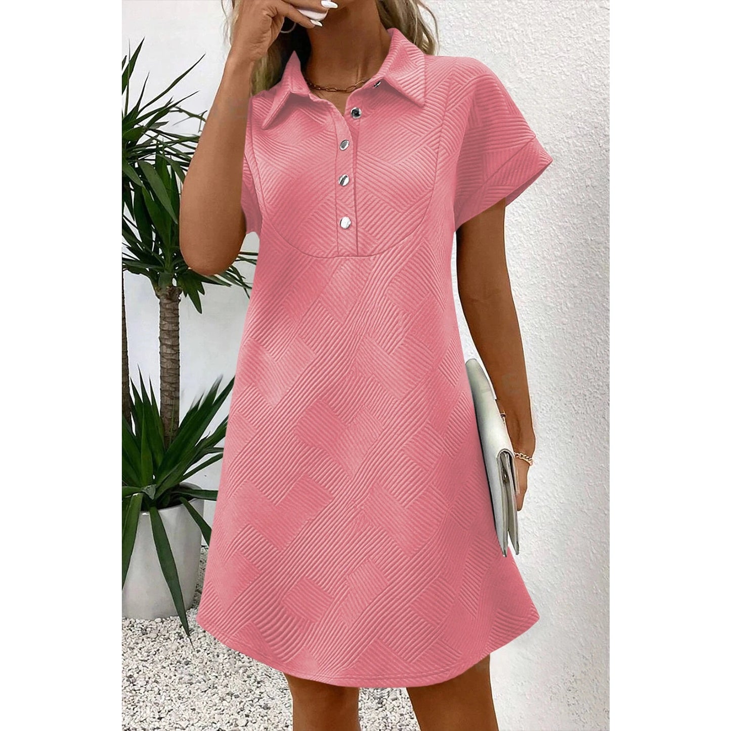 Sierra Peach Textured Short Sleeve A Line Mini Dress