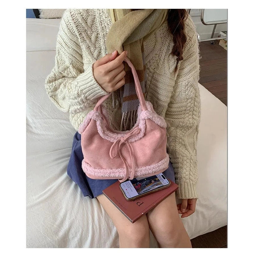 Faux Shearling Shoulder Bag with Bow Detail - 4 Colors