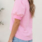 RTS Pink Stripe Color Block Detail Split Neck Short Sleeve Blouse