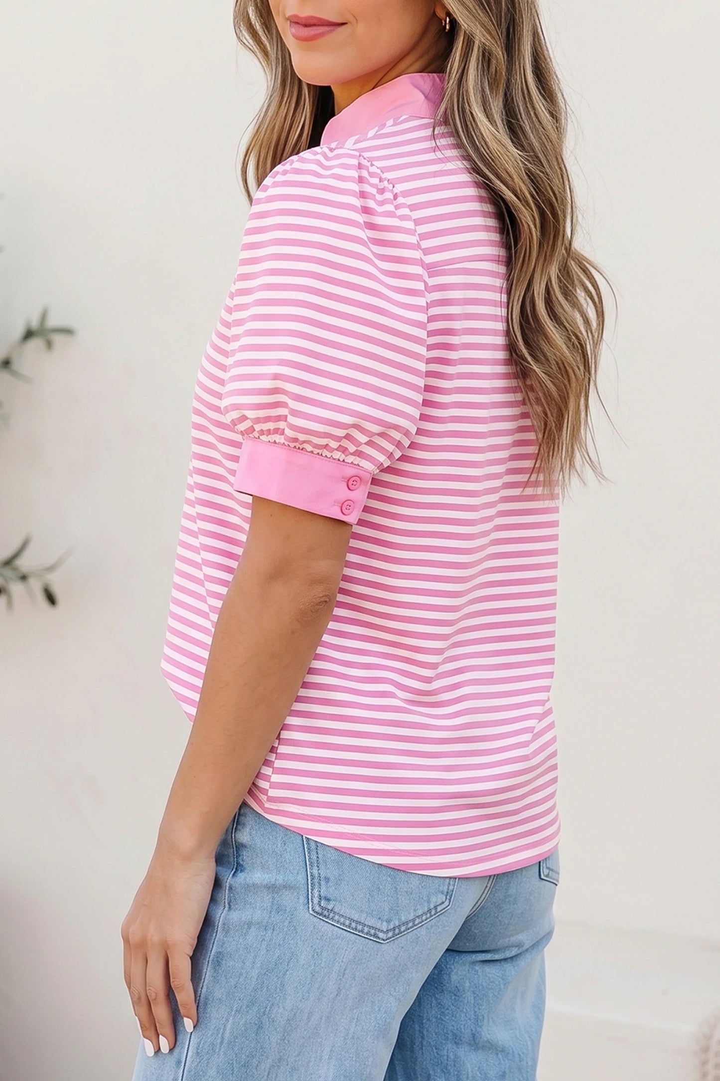 RTS Pink Stripe Color Block Detail Split Neck Short Sleeve Blouse