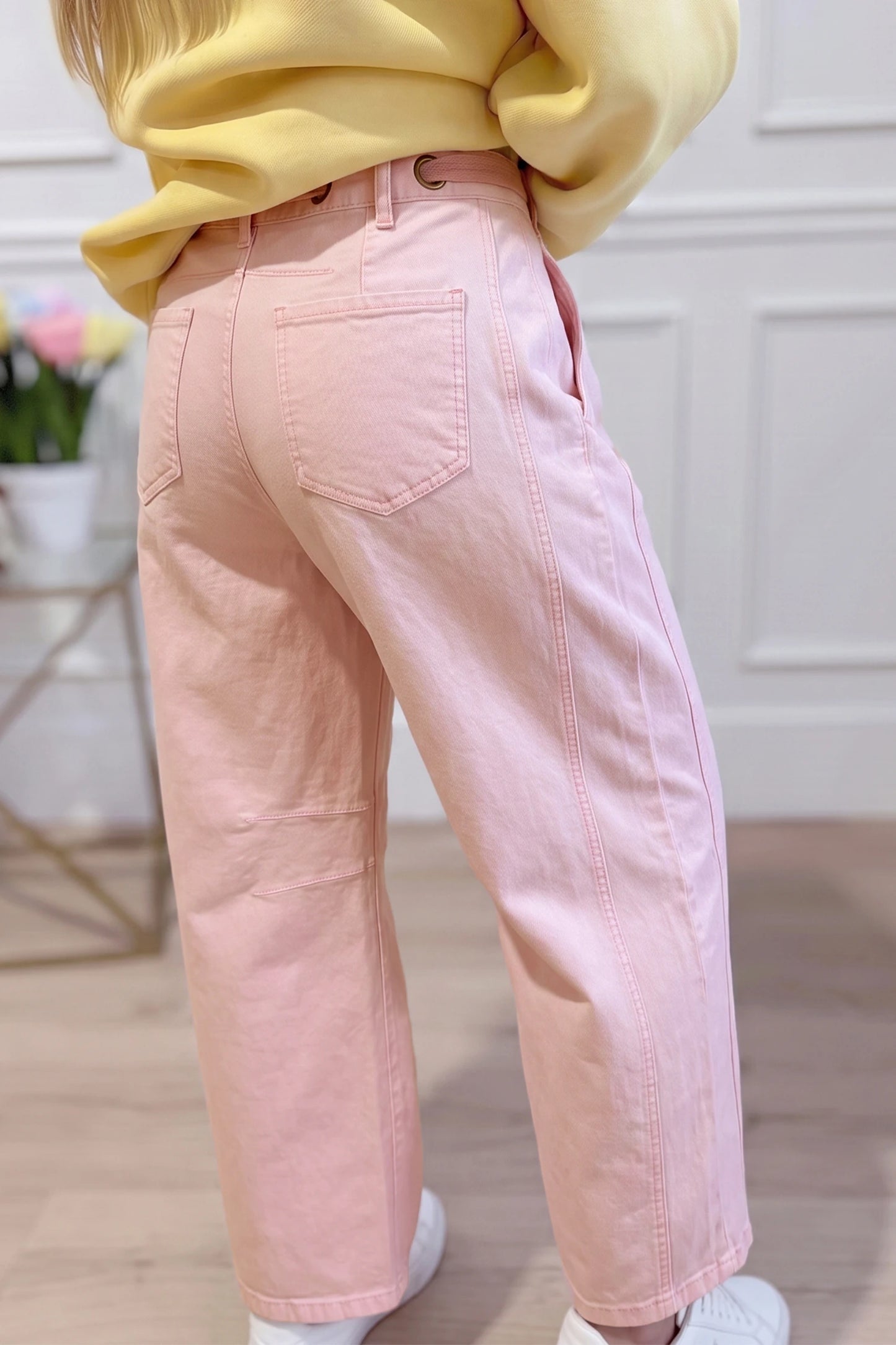 Francey Pink Grommet Detail Knot Waist Barrel Jeans