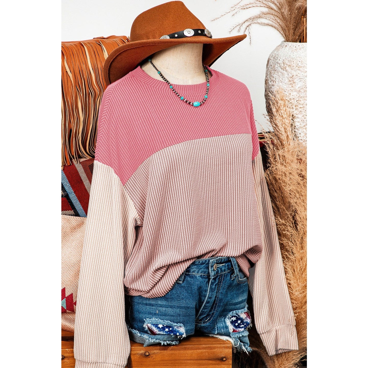 Joey Pink Color Block Long Sleeve Ribbed Loose Top