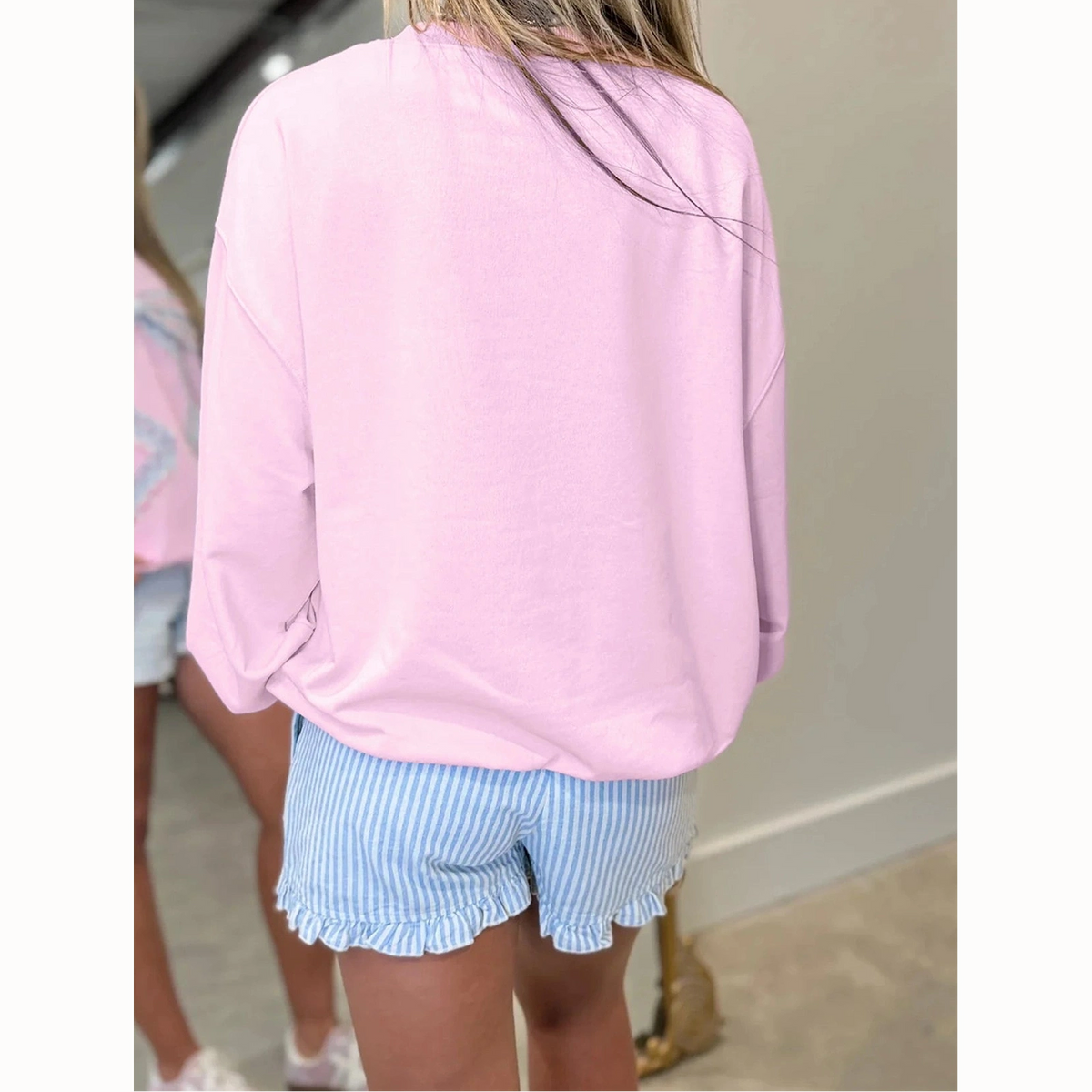 RTS Pink Floral Bow Decoration Drop Shoulder Long Sleeve Top