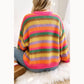 Steffi Pink Rainbow Striped Knit Round Neck Puff Sleeve Sweater