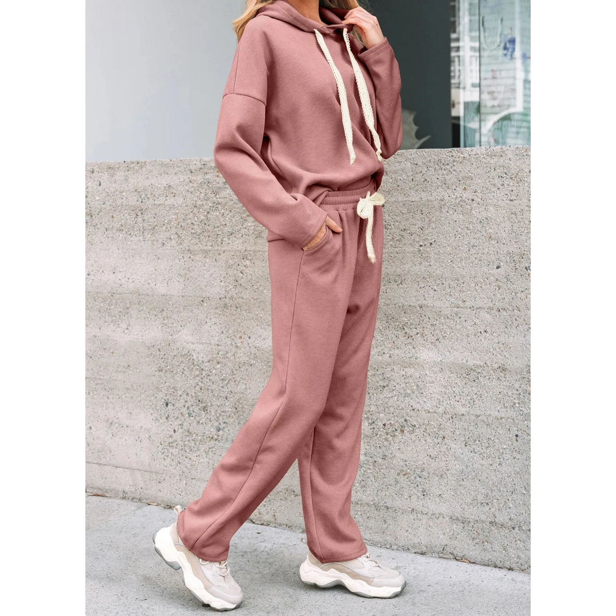 Andria Pink Lace Drawstring Pullover Hoodie and High Waist Pants Corduroy Suit
