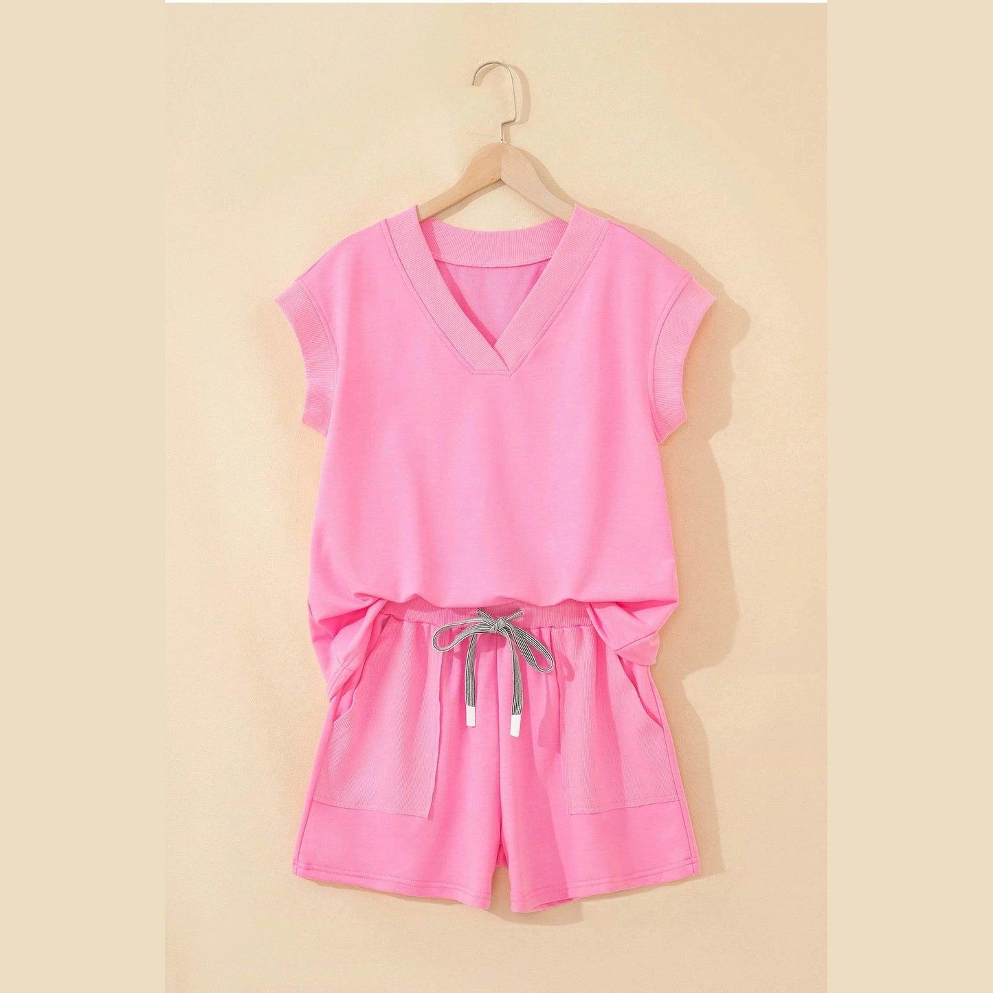 Shelia Pink V Neck Short Sleeve Top Drawstring Shorts 2pcs Set