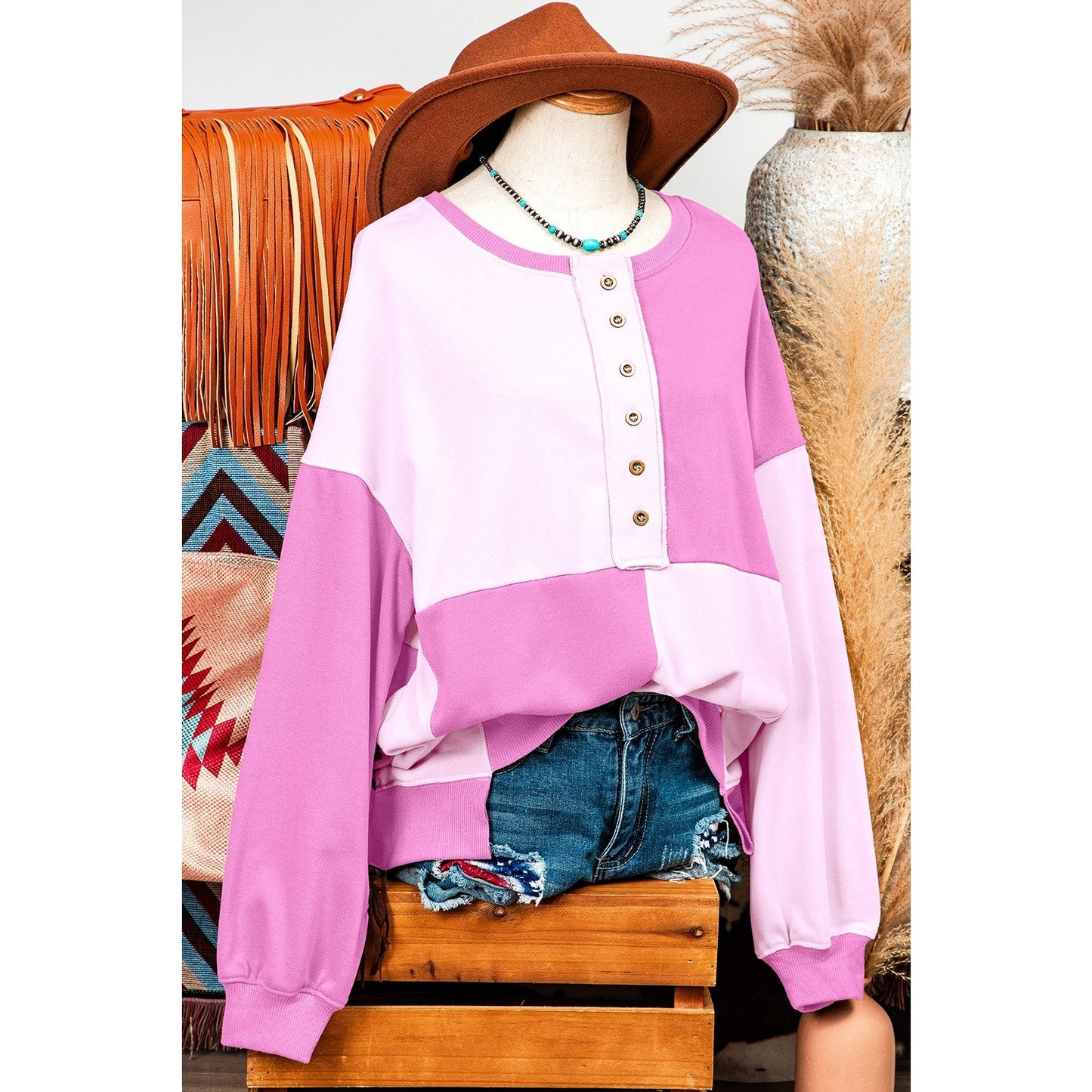 Ryder Pink Colorblock Henley High Low Oversize Sweatshirt