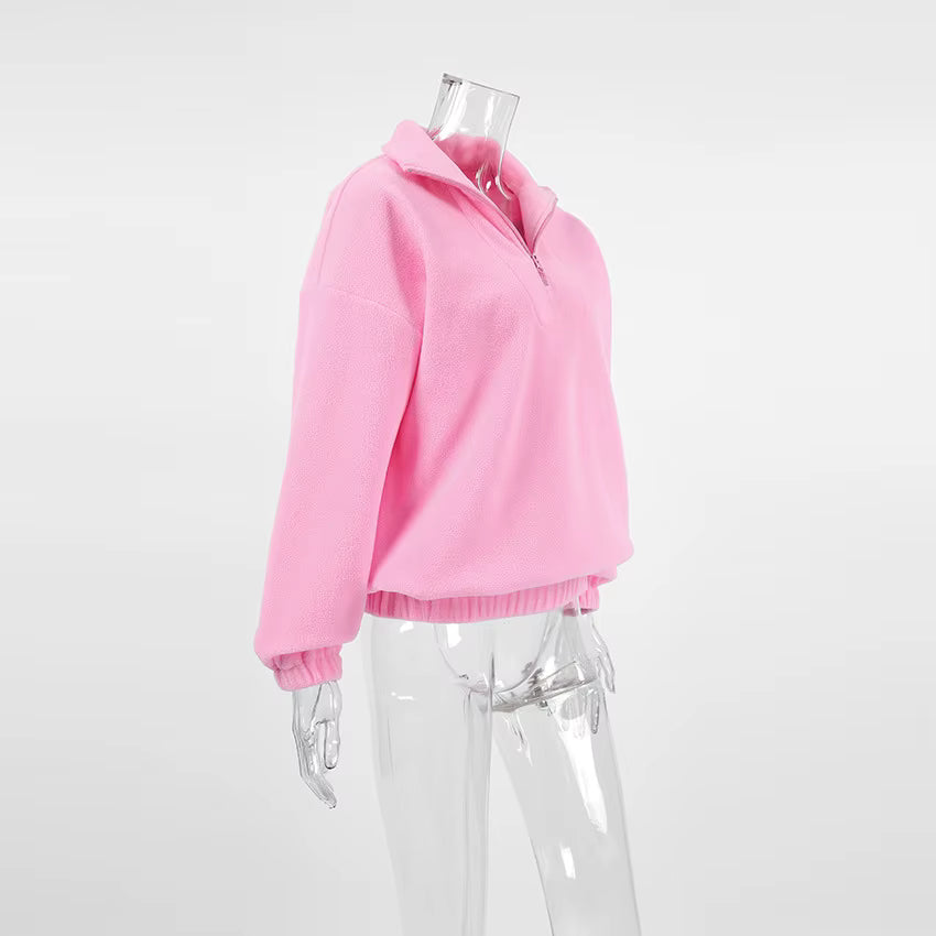 Perrie Pink Fleece Lapel Zip-up Sweatshirt
