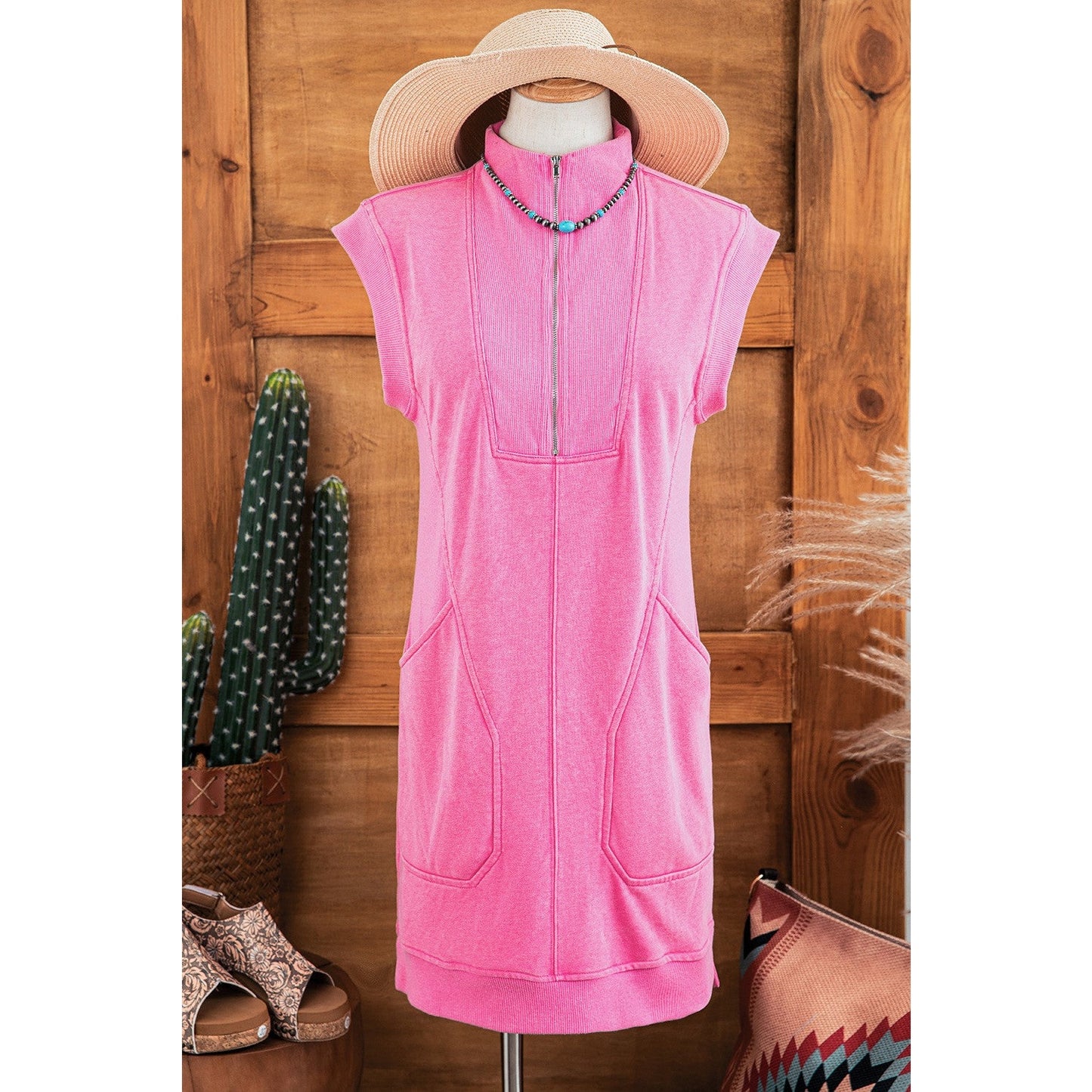 Jenica Bonbon Pink Quarter Zip Pocketed Cap Sleeve Sweatshirt Dress