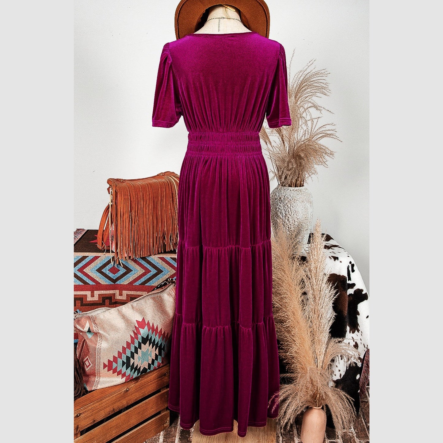 Kinzie Pink Velvet Short Sleeve Shirred Waist Tiered Maxi Dress