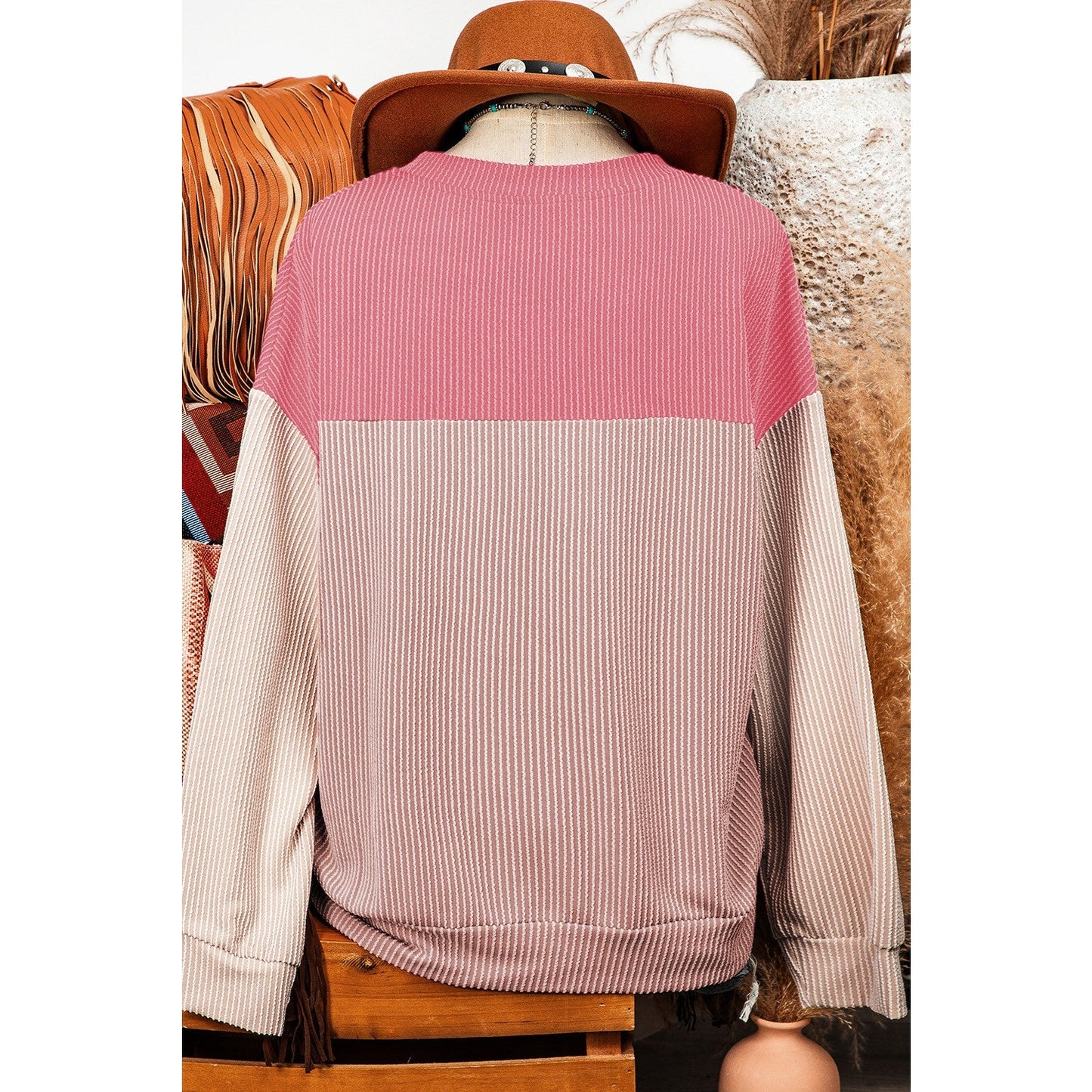 Joey Pink Color Block Long Sleeve Ribbed Loose Top