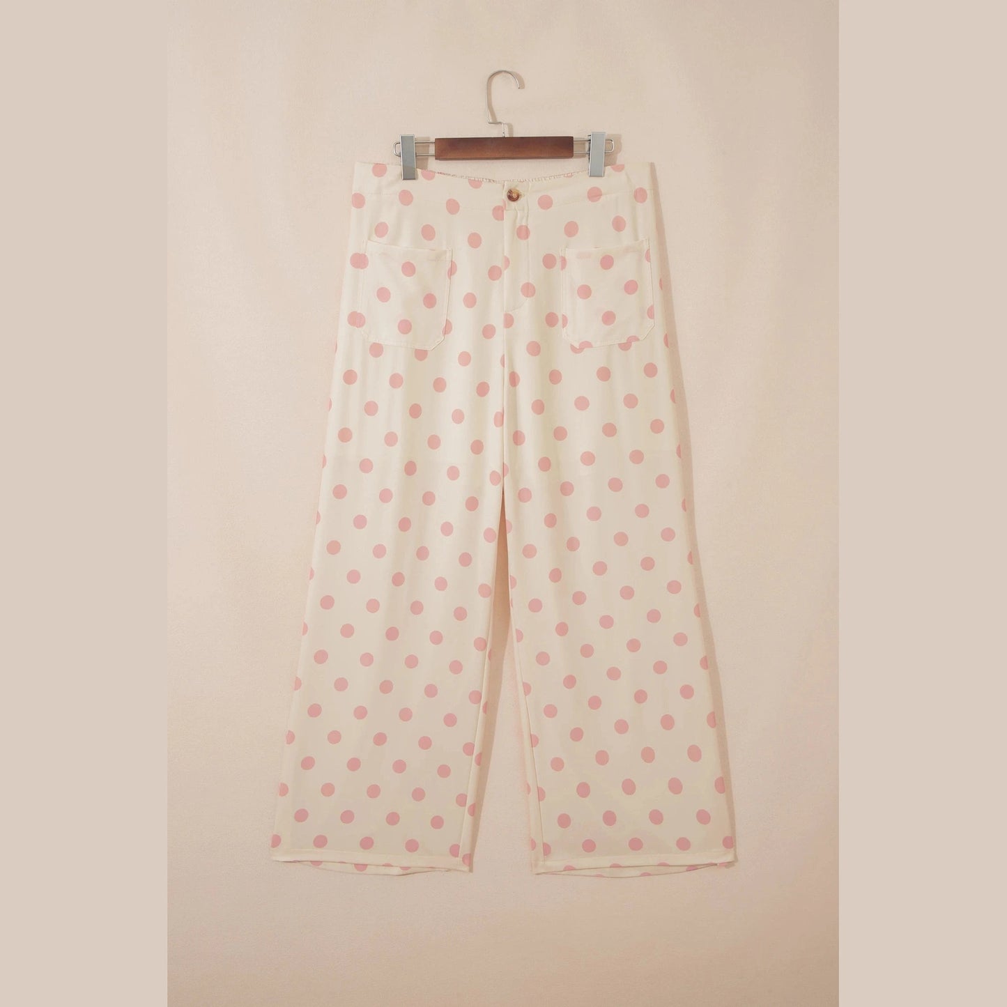 Yolanda Pink Polka Dot Print Patched Pocket Loose Pants