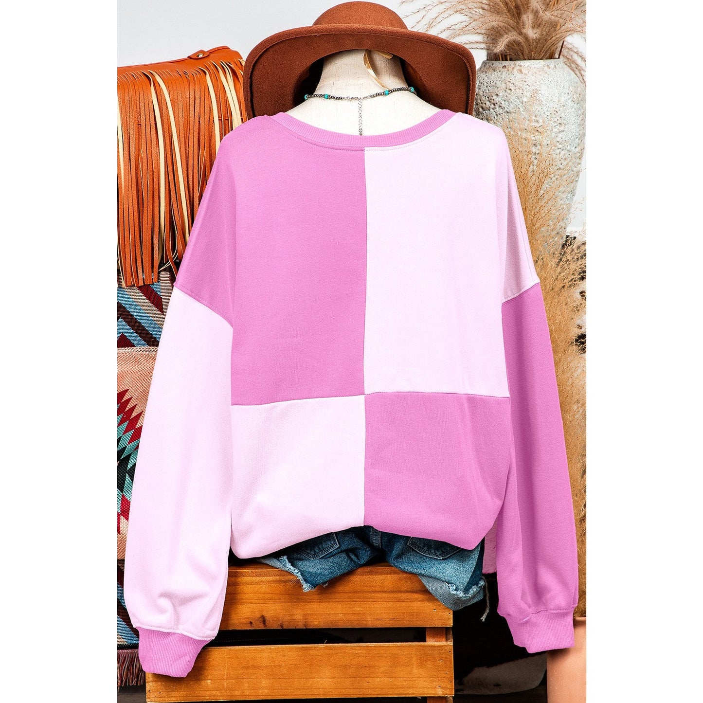 Ryder Pink Colorblock Henley High Low Oversize Sweatshirt