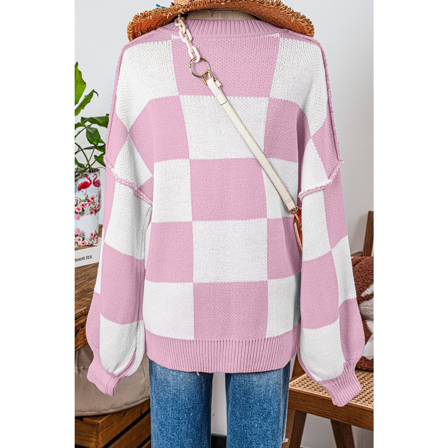 Maryam Pink Checkered Bishop Sleeve Sweater