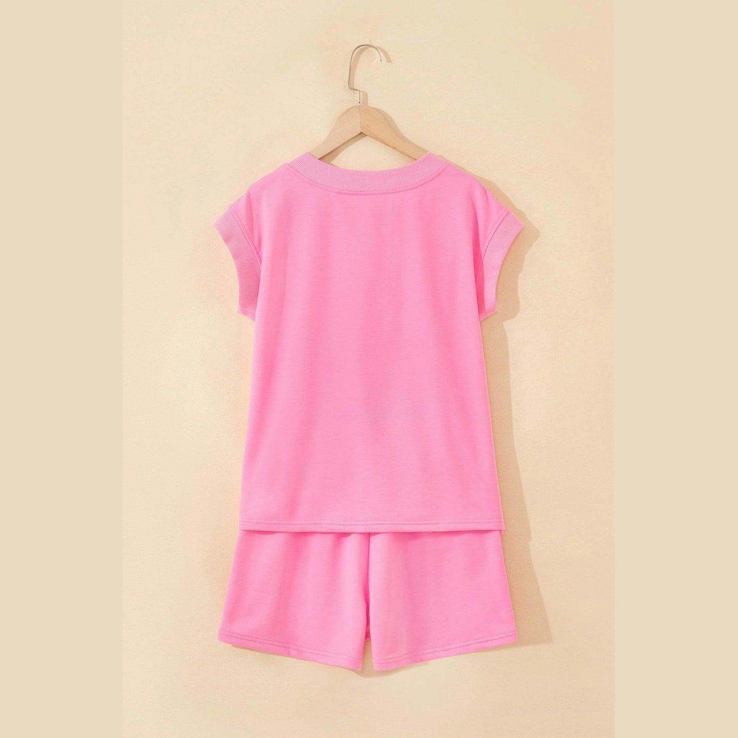 Shelia Pink V Neck Short Sleeve Top Drawstring Shorts 2pcs Set