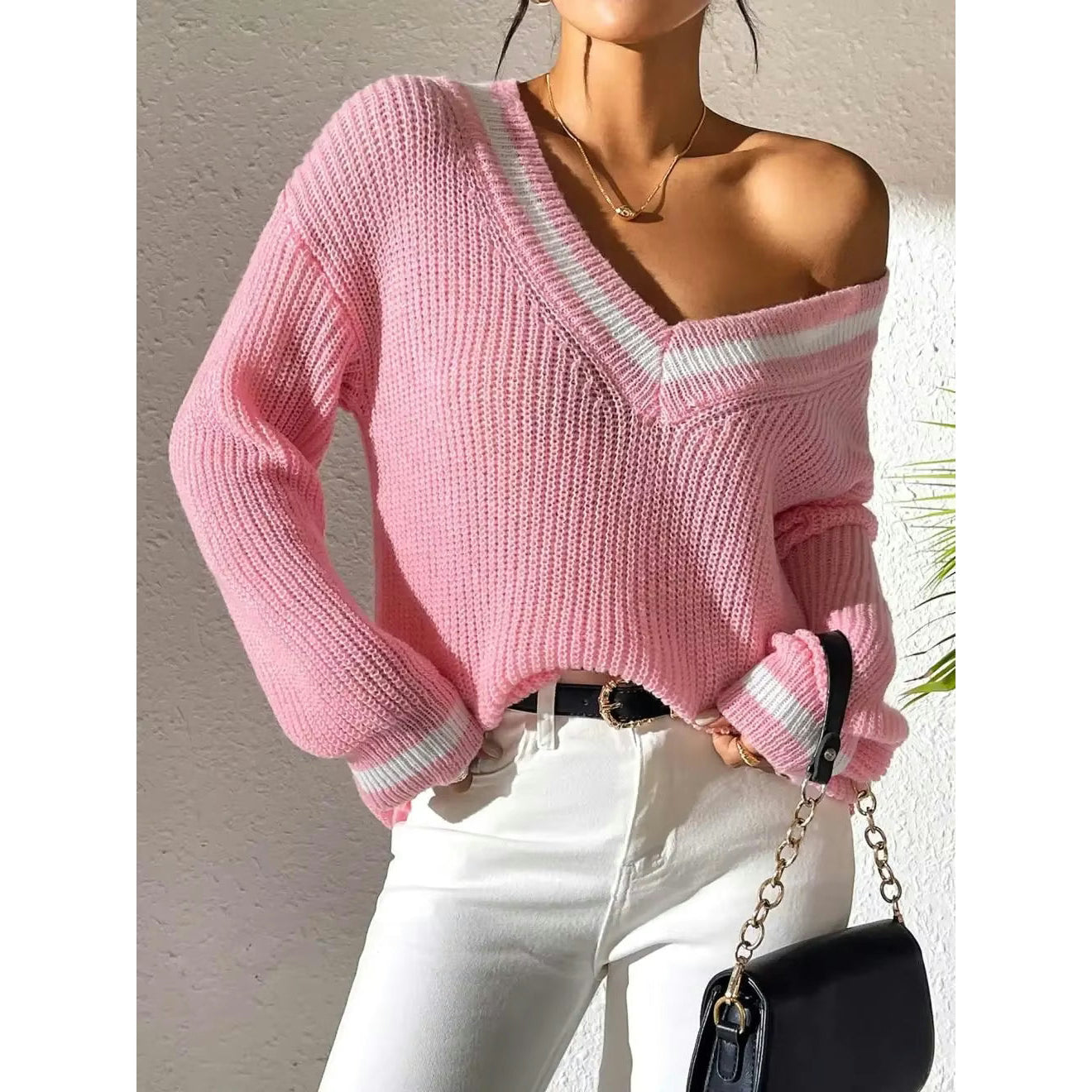 Jean-Mari Pink V Neck Contrast Trim Loose Knit Sweater