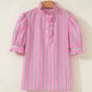 RTS Pink Stripe Ruffle Trim Half Button Short Puff Sleeve Blouse
