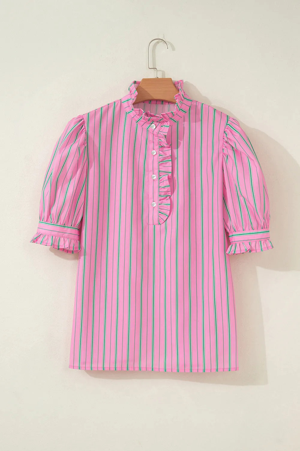 RTS Pink Stripe Ruffle Trim Half Button Short Puff Sleeve Blouse