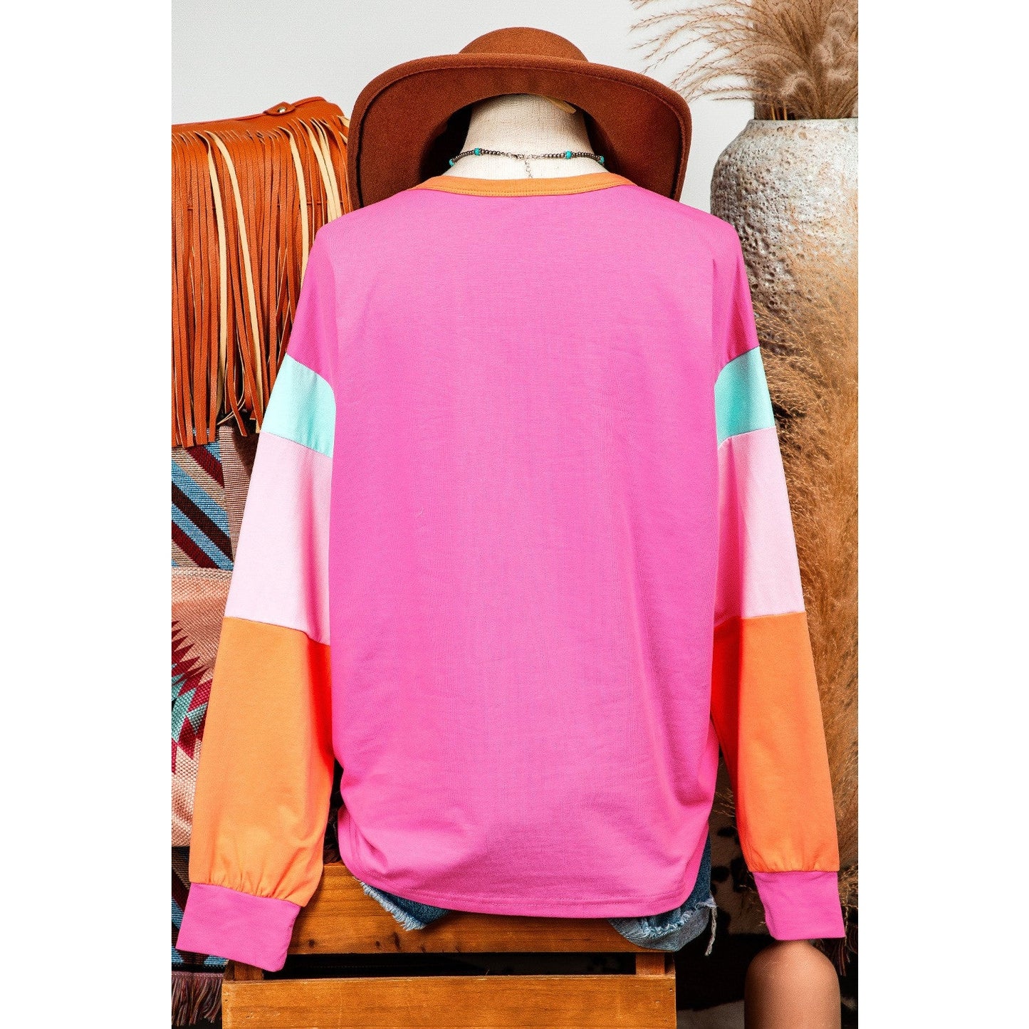 Talia Hot Pink Colorblock Patchwork Long Sleeve Loose Top