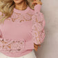 June Pink Ribbed Hollow Out Lace Sleeve Top