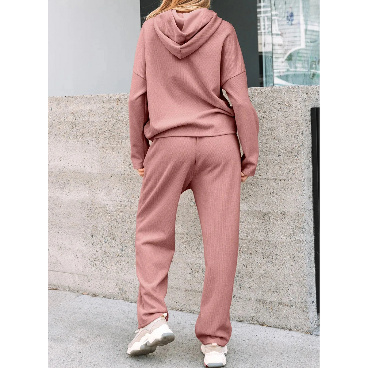 Andria Pink Lace Drawstring Pullover Hoodie and High Waist Pants Corduroy Suit