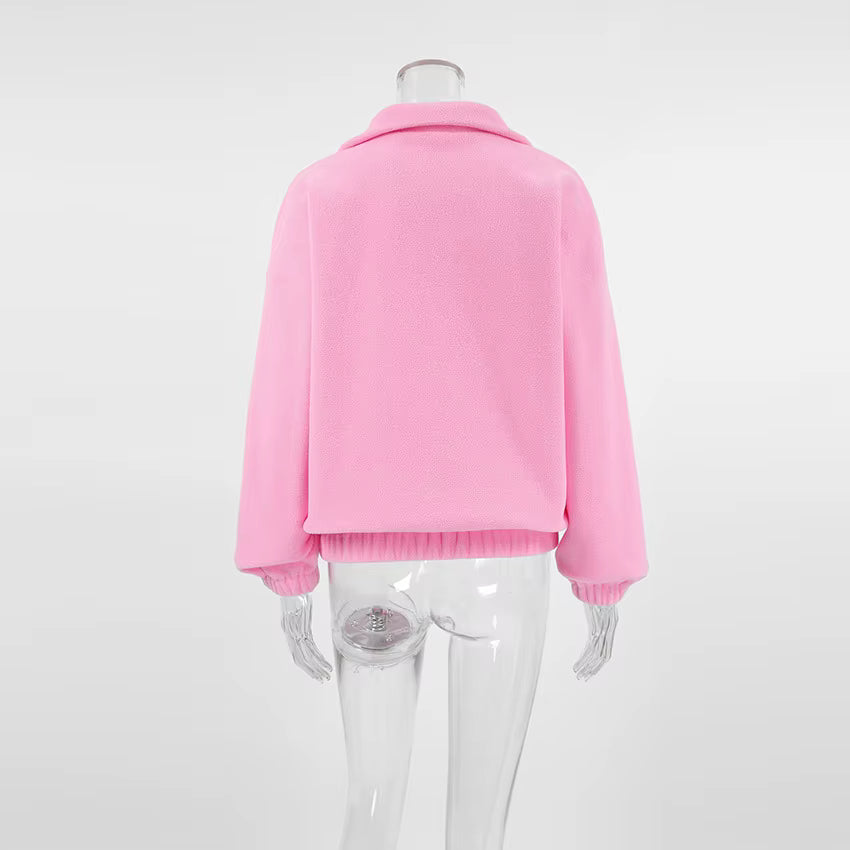 Perrie Pink Fleece Lapel Zip-up Sweatshirt