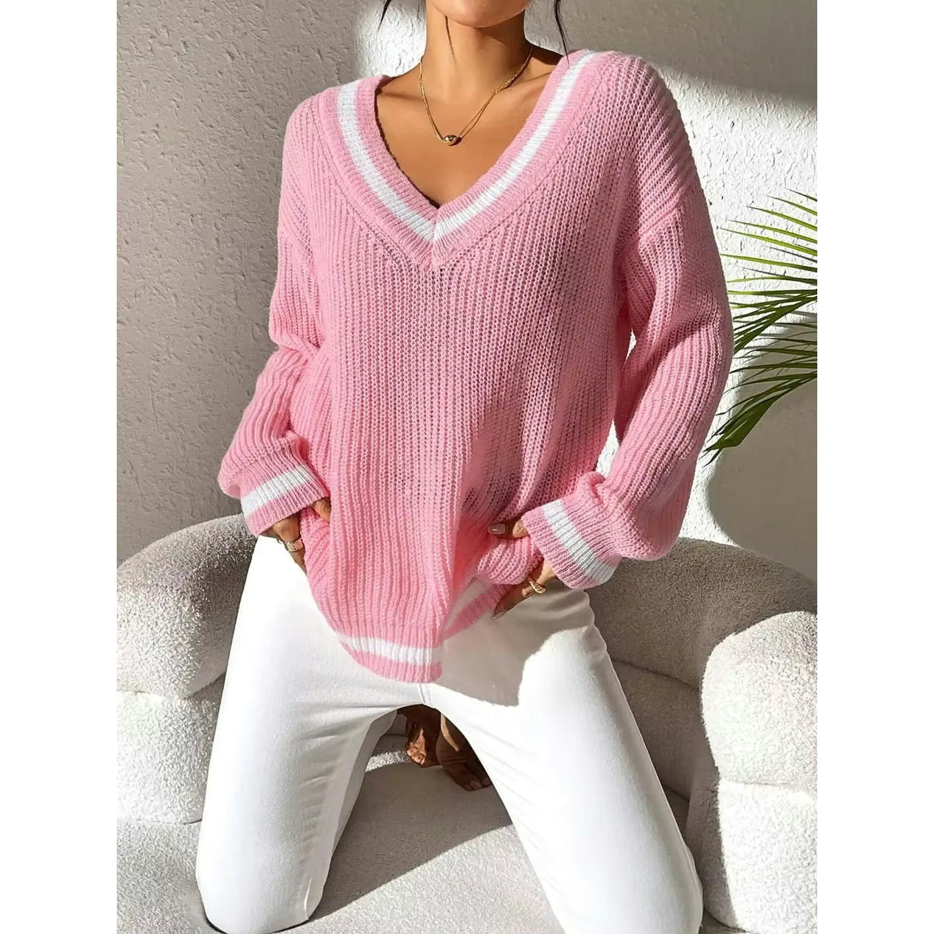 Jean-Mari Pink V Neck Contrast Trim Loose Knit Sweater