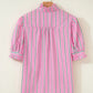 RTS Pink Stripe Ruffle Trim Half Button Short Puff Sleeve Blouse