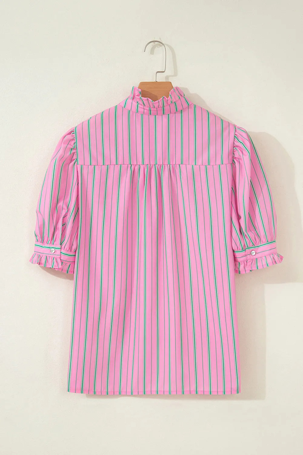 RTS Pink Stripe Ruffle Trim Half Button Short Puff Sleeve Blouse