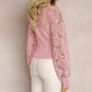 June Pink Ribbed Hollow Out Lace Sleeve Top