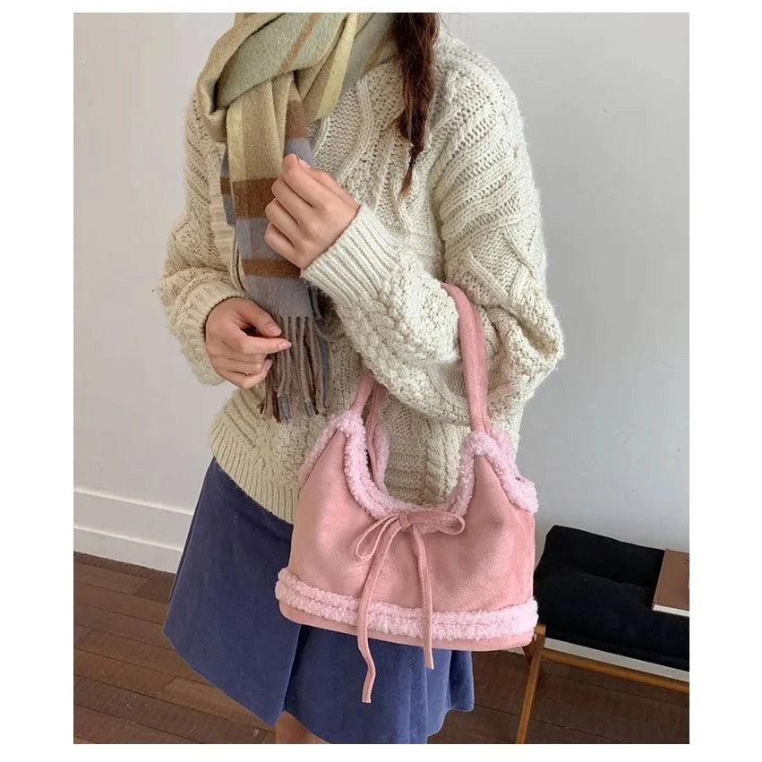 Faux Shearling Shoulder Bag with Bow Detail - 4 Colors