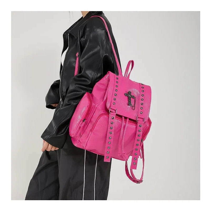 PU Leather Rivet Cross Backpack - 4 Colors