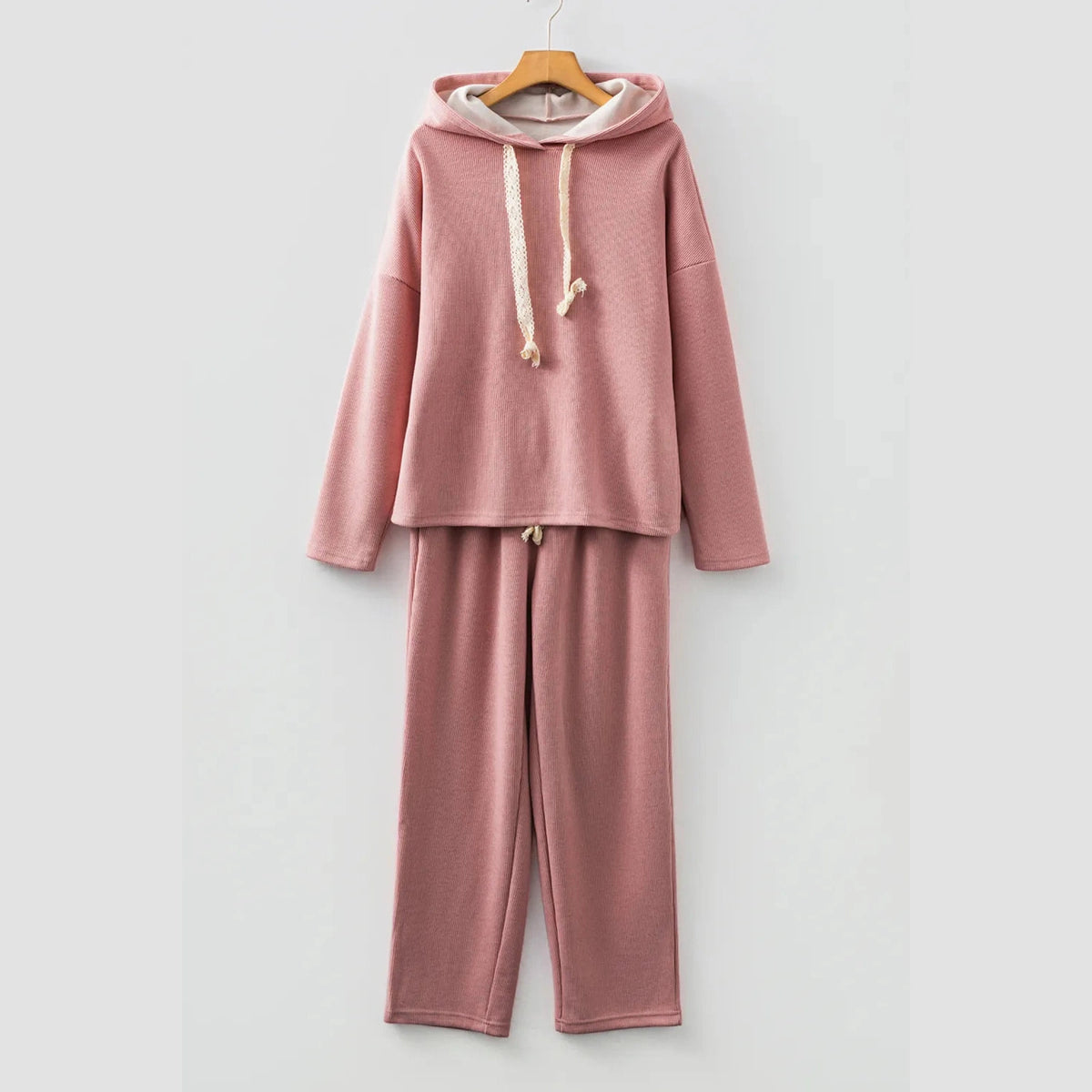 Andria Pink Lace Drawstring Pullover Hoodie and High Waist Pants Corduroy Suit